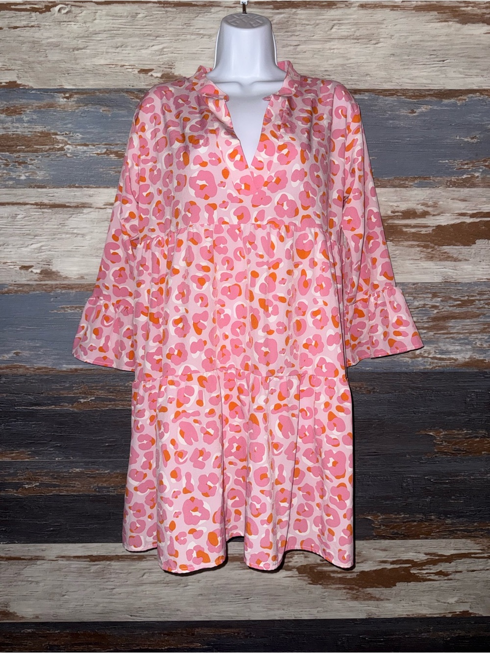 Pink & Orange Printed Tiered Midi Dress with V-Neck